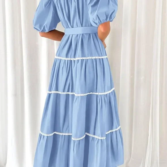 Women's Summer Button Down Maxi Dress Puff Sleeves Tiered Ruffle Flow - Picture 2 of 6